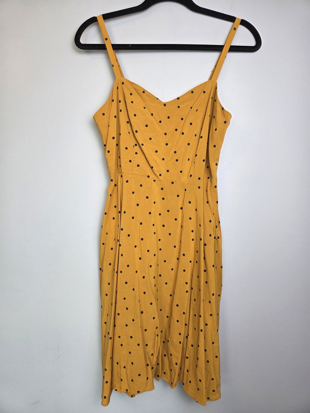 Smocked Polka Dot Cami Fit & Flare Dress Mustard Yellow M Pinup Rockabilly Retro